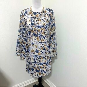 Dress Barn Cocktail Dress Floral Blue/Beige 100% Polyester Flare Sleeves Size 4